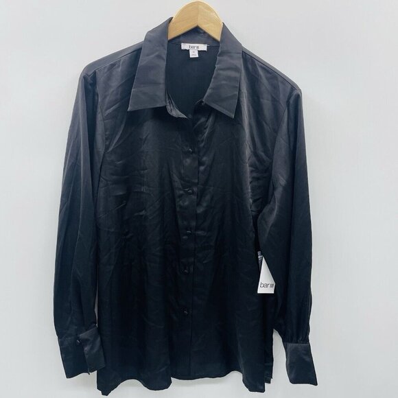 Bar III Womens Plus Size 1X Satin Long-Sleeve Button-Front Shirt Black $79 1835 - Picture 2 of 7